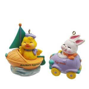 Vintage Avon Set of 2 Easter Figurine Ornaments Duck in Boat Bunny in Car PVC